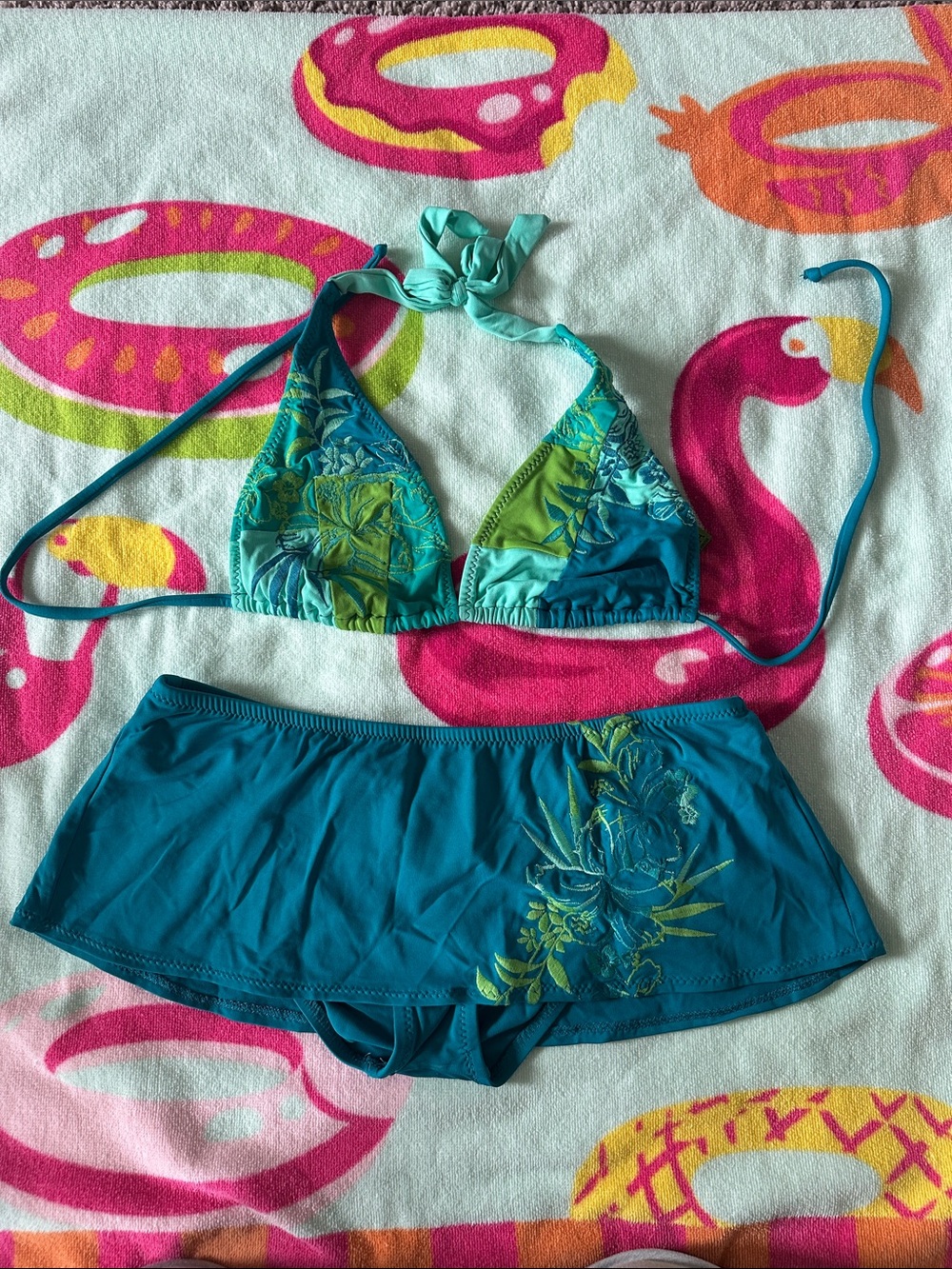 BECCA Teal & Lime Green Floral Triangle Bikini with Skirted Bottom